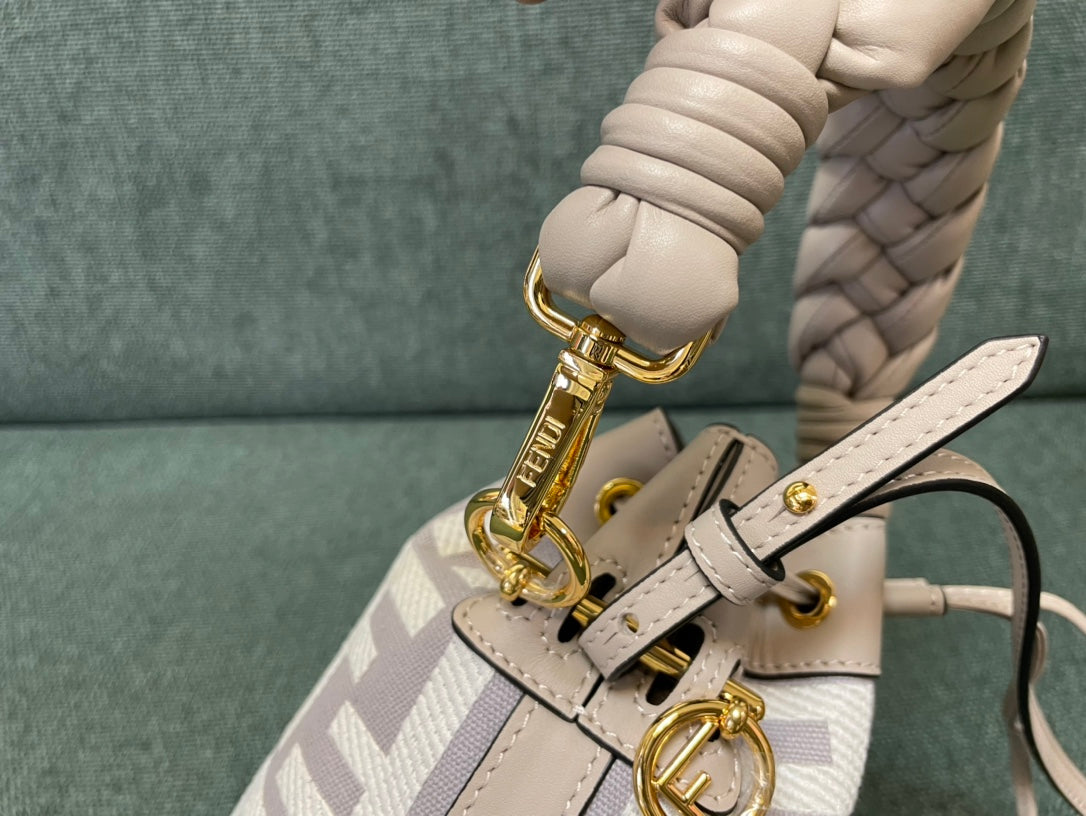 Fendi Mon Tresor Mini Bucket Bag in White and Grey FF Canvas with Braided Handle