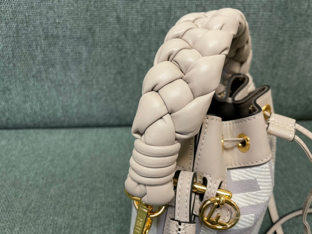Fendi Mon Tresor Mini Bucket Bag in White and Grey FF Canvas with Braided Handle