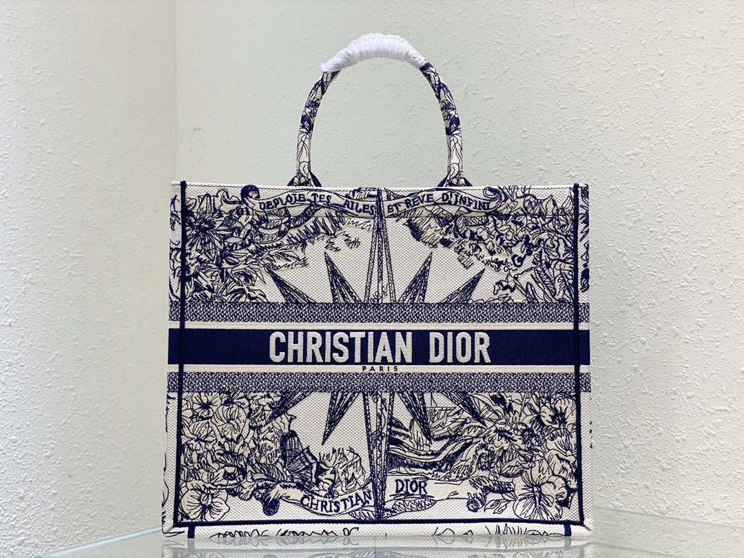 Dior Blue and White Toile Print Canvas Tote Handbag with Compass Star