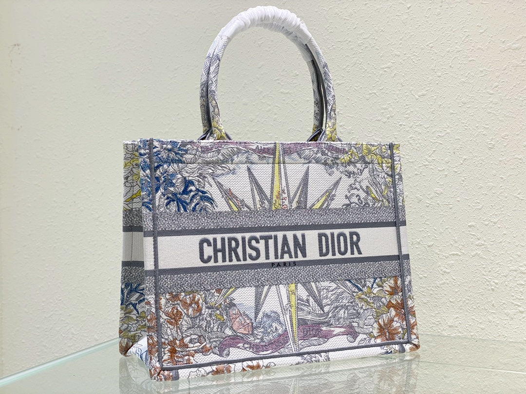 Dior Vintage Floral and Star Embroidered Canvas Top Handle Tote Bag
