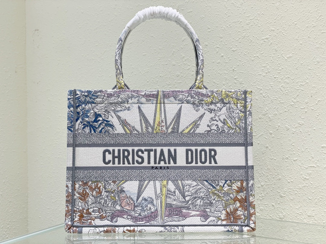 Dior Luxury Embroidered Canvas Tote Bag with Floral Star Design