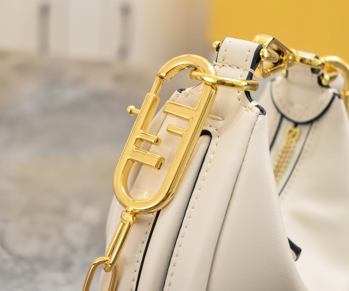 Fendi Nano Fendigraphy White Leather Hobo Bag with Gold Chain Strap