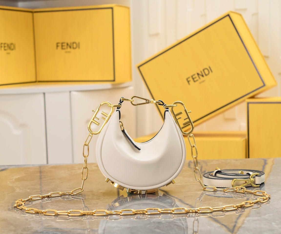 Fendi Nano Fendigraphy White Leather Hobo Bag with Gold Chain Strap