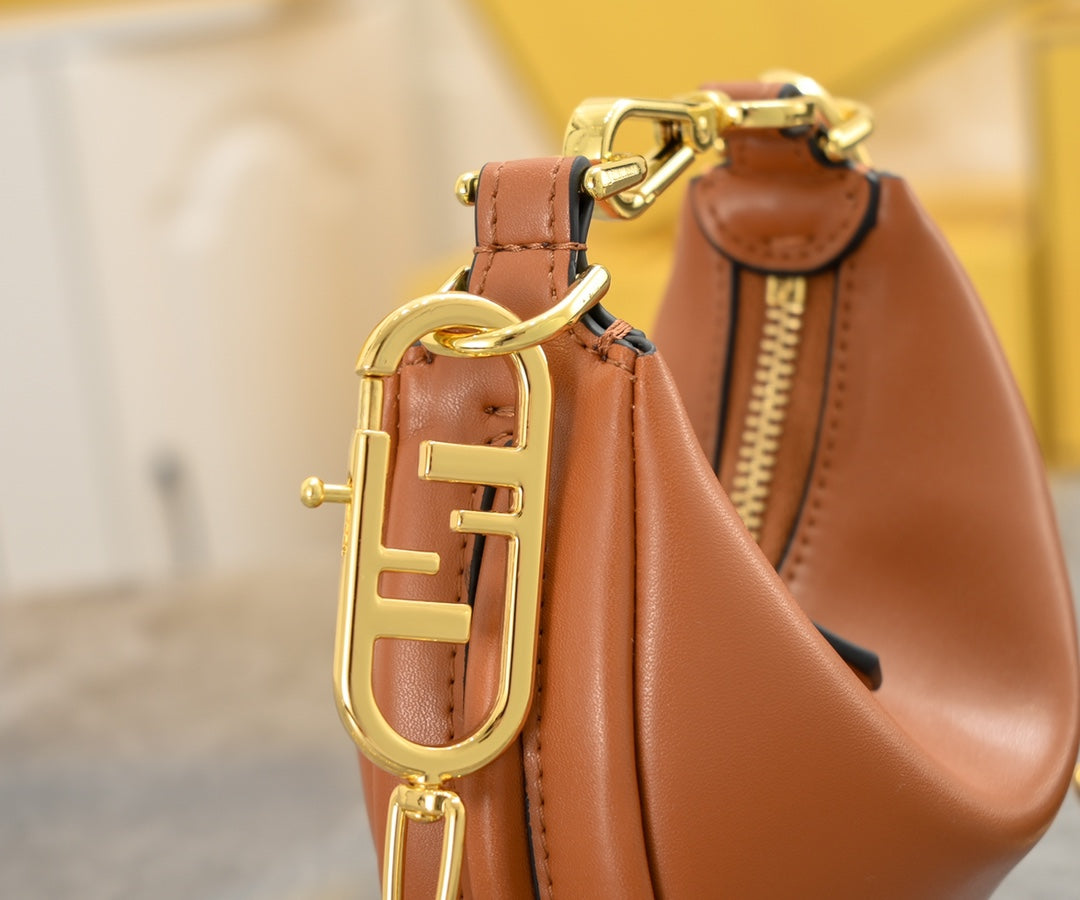 Fendi Graphy Small Hobo Bag in Brown Leather with Gold Chain