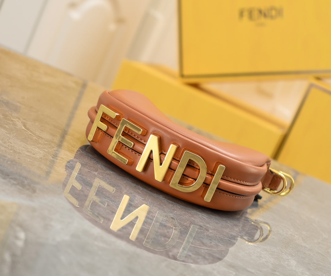 Fendi Graphy Small Hobo Bag in Brown Leather with Gold Chain