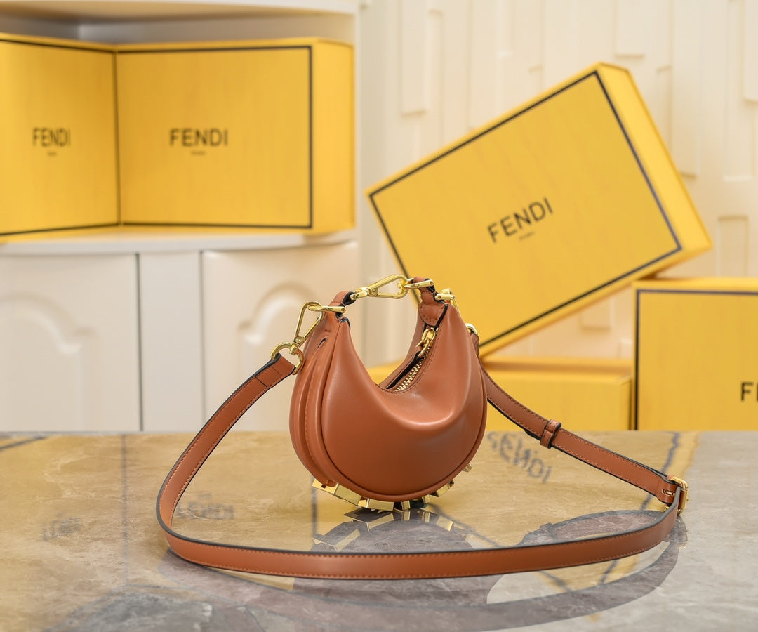 Fendi Graphy Small Hobo Bag in Brown Leather with Gold Chain