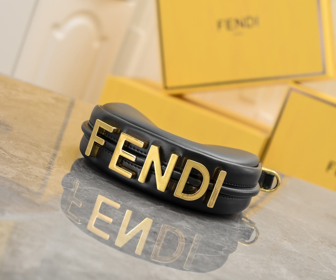 Fendi Fendigraphy Mini Black Leather Crescent Bag with Gold Hardware