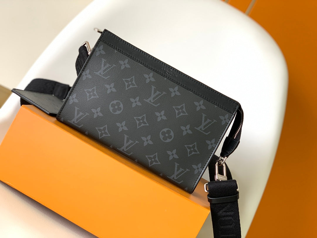 Louis Vuitton Modern Black Monogram Messenger Bag, Rectangular Crossbody Shoulder Bag