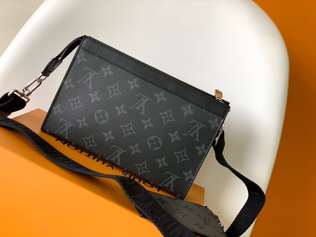 Louis Vuitton Modern Black Monogram Messenger Bag, Rectangular Crossbody Shoulder Bag