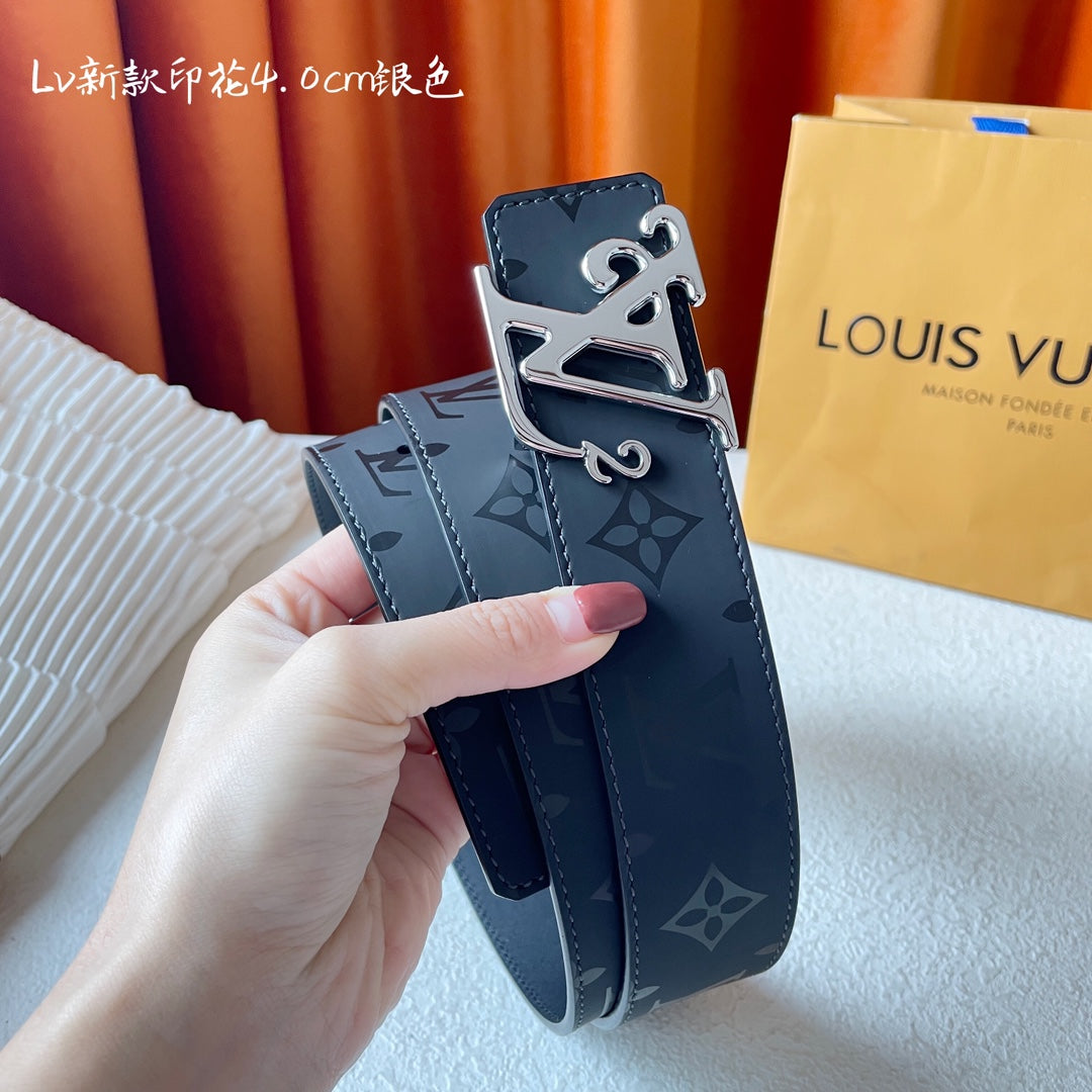 Louis Vuitton LV Monogram Eclipse 40mm Belt with Silver-Tone Initial Buckle, Black/Grey
