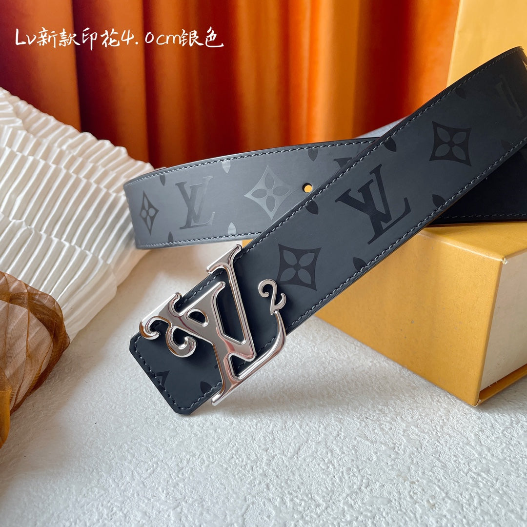Louis Vuitton LV Monogram Eclipse 40mm Belt with Silver-Tone Initial Buckle, Black/Grey