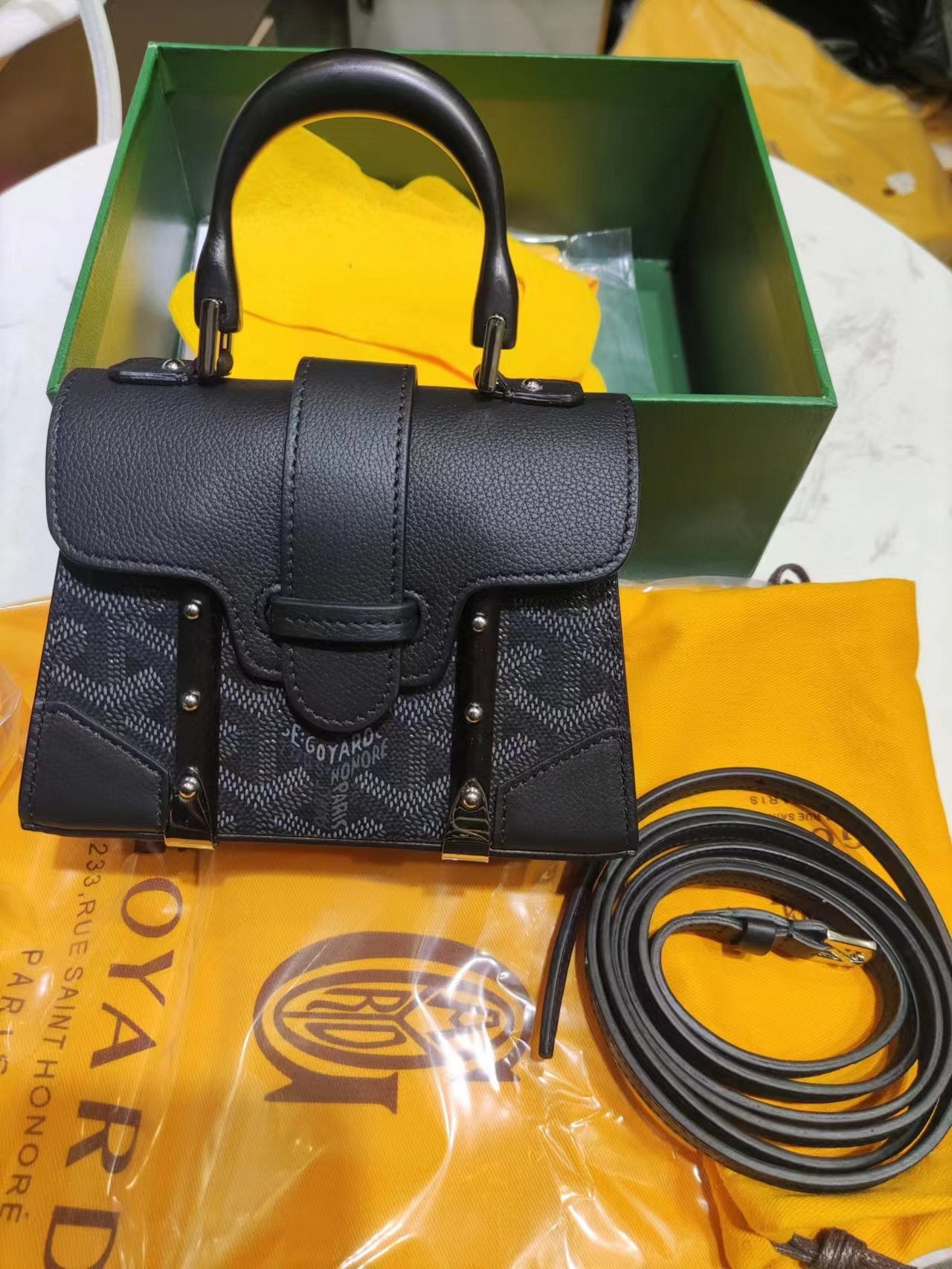 Gogy Structured Black Patterned Mini Satchel Handbag with Crossbody Strap