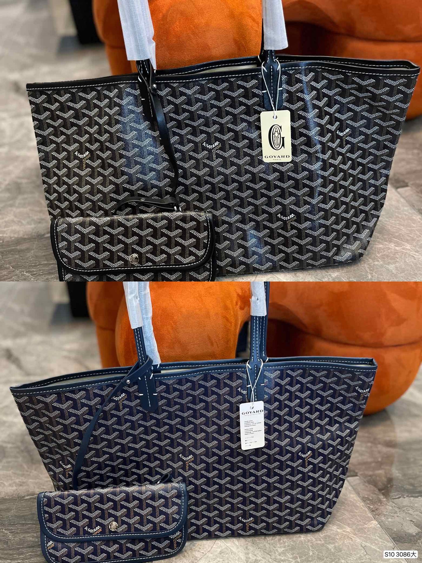 Gogy Classic Chevron Print Tote Bag with Matching Pouch and Leather Trim