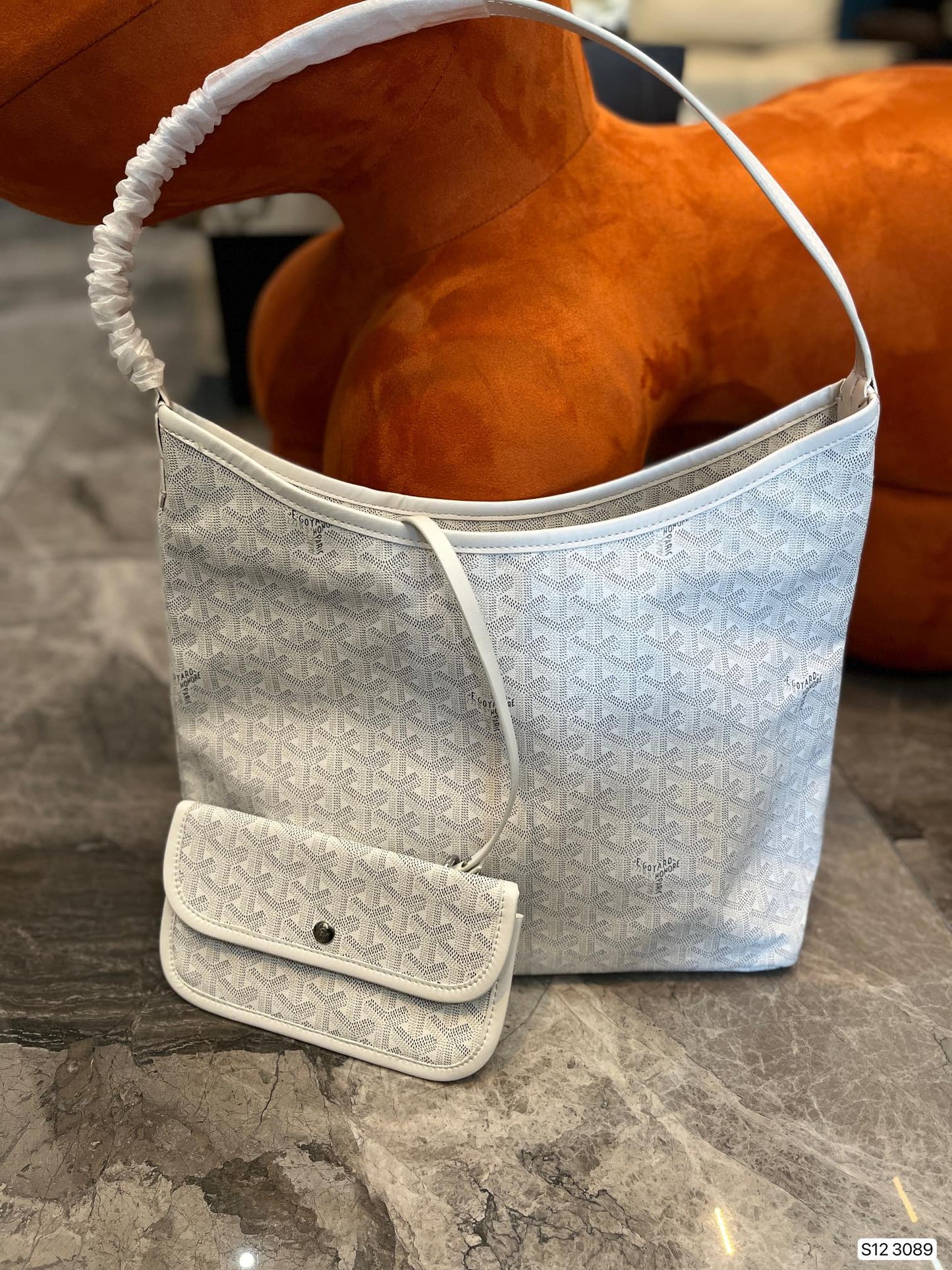 Gogy White Geometric Monogram Hobo Shoulder Bag with Pouch