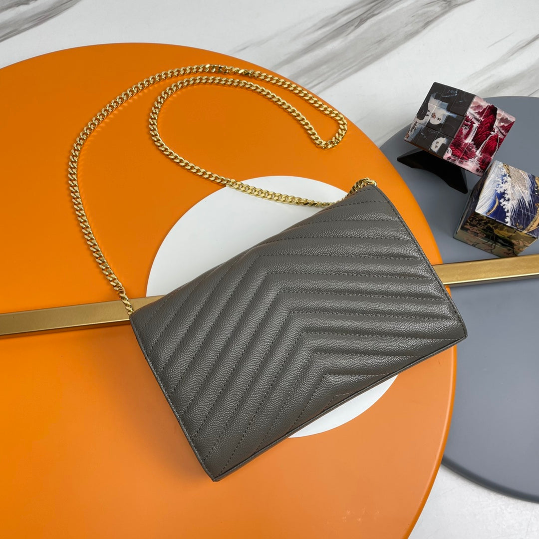 Saint Laurent Monogram Envelope Chain Wallet - Grey Leather