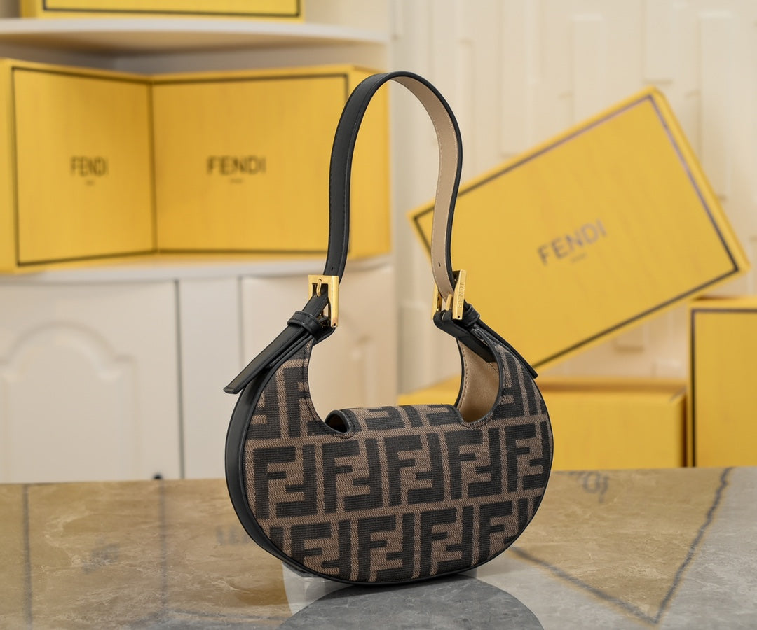Fendi FF Monogram Canvas Crescent Shoulder Bag with Gold-Tone Hardware
