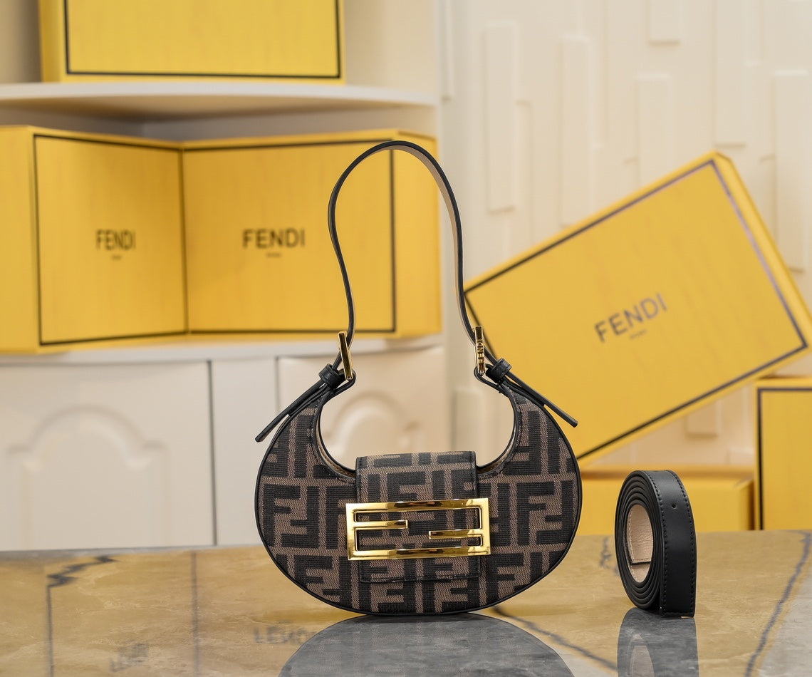 Fendi FF Monogram Canvas Crescent Shoulder Bag with Gold-Tone Hardware