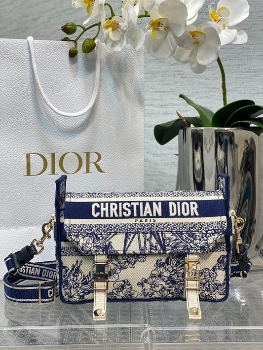 Dior Blue and White Floral Toile Embroidered Canvas Crossbody Bag