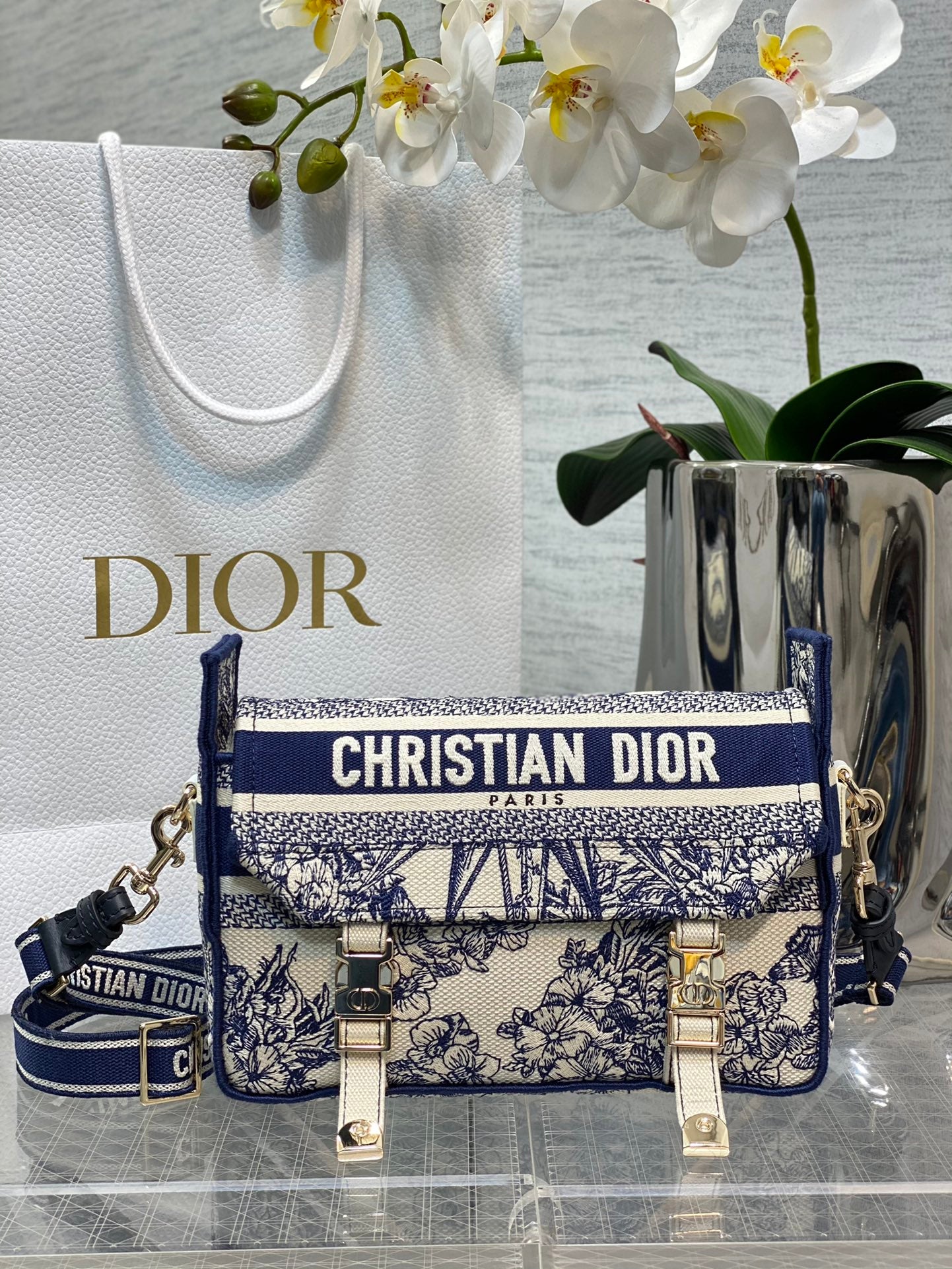 Christian Dior Blue and White Toile de Jouy Canvas Diorcamp Messenger Bag