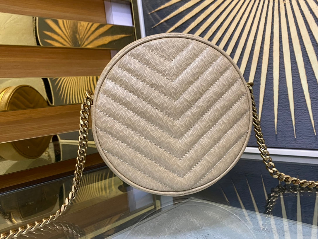 Saint Laurent Vinyle Round Crossbody Bag - Beige Matelassé Leather