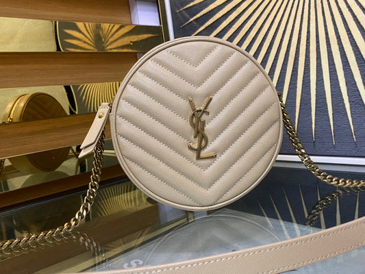 Saint Laurent Vinyle Round Crossbody Bag - Beige Matelassé Leather