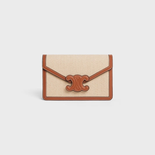 Celine Cuir Triomphe Wallet on Strap in Textile and Calfskin - Tan/Natural