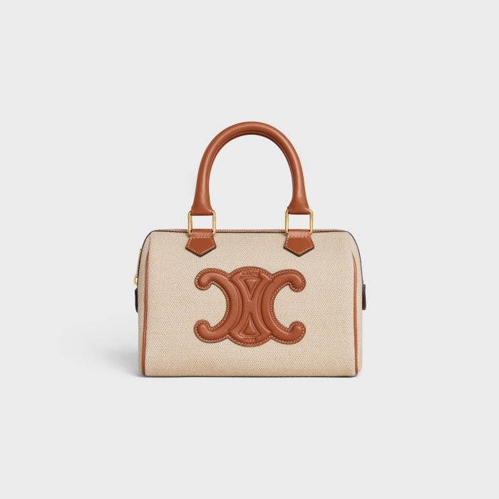 Celine Small Boston Bag in Textile with Cuir Triomphe - Beige/Tan