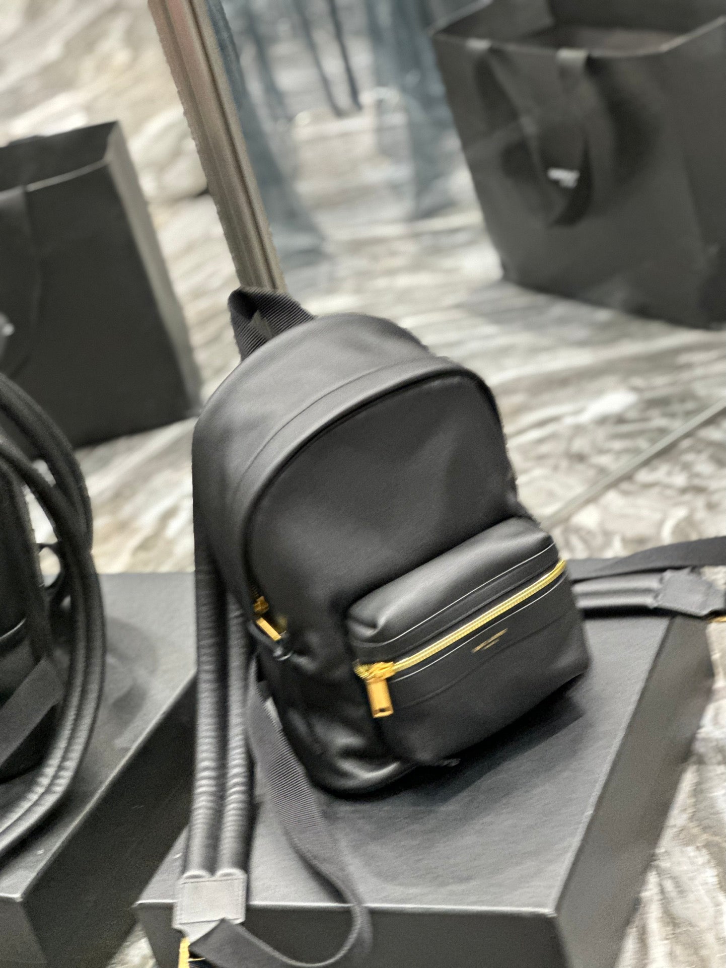 Saint Laurent Black Leather City Backpack - Small Designer Rucksack with Gold Zipper
