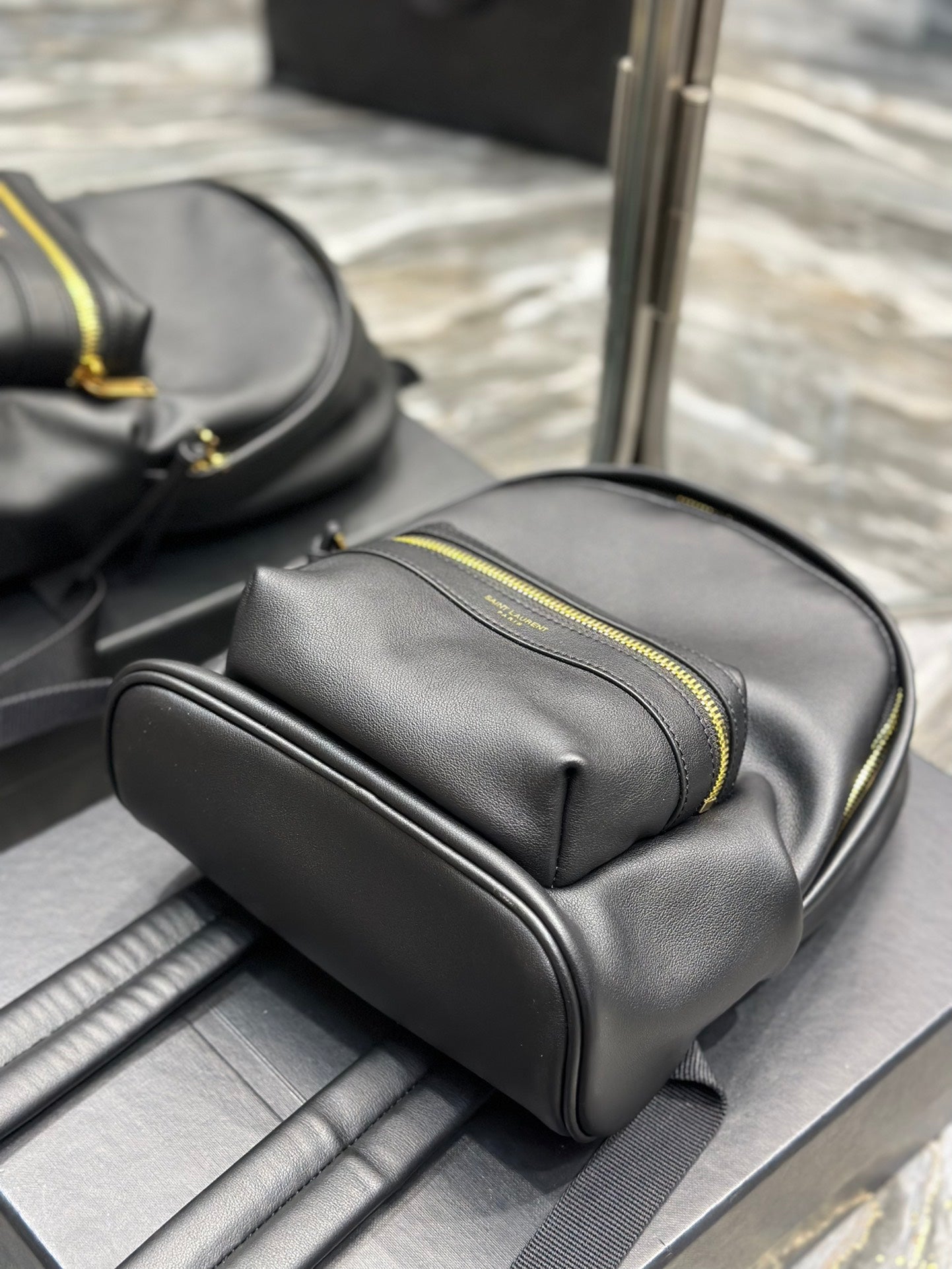Saint Laurent Black Leather City Backpack - Small Designer Rucksack with Gold Zipper