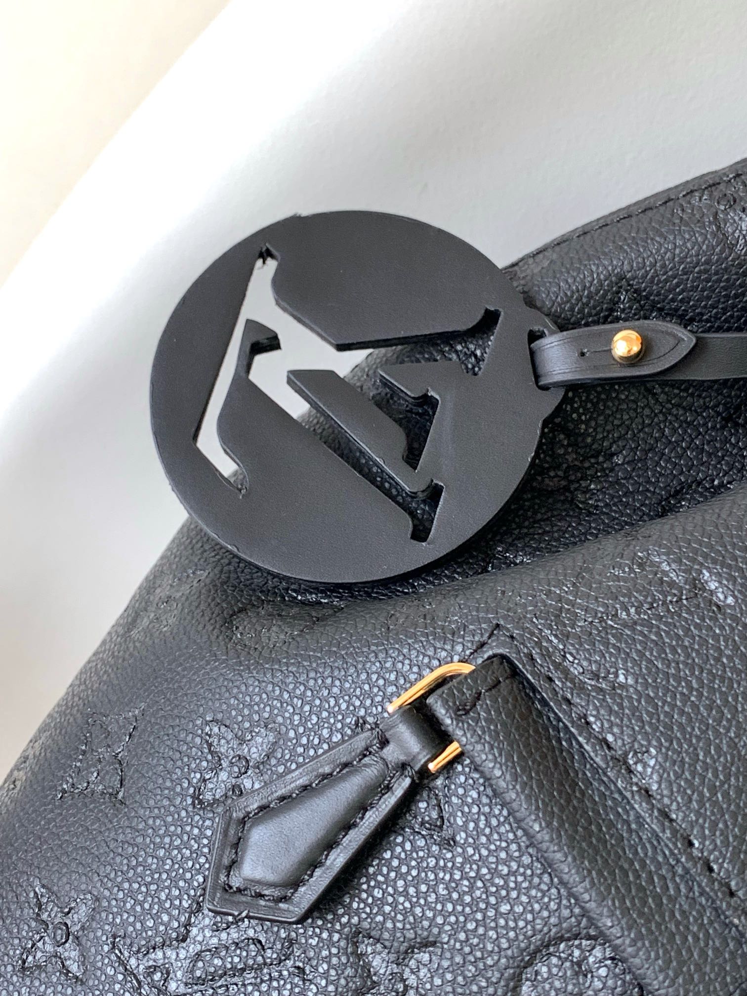 Louis Vuitton Elegant Black Embossed Leather Small Backpack with Flap Closure