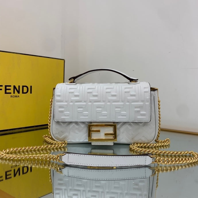 Fendi Baguette White Embossed FF Logo Leather Shoulder Bag with Gold Chain