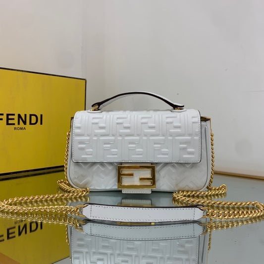 Fendi Baguette White Embossed FF Logo Leather Shoulder Bag with Gold Chain