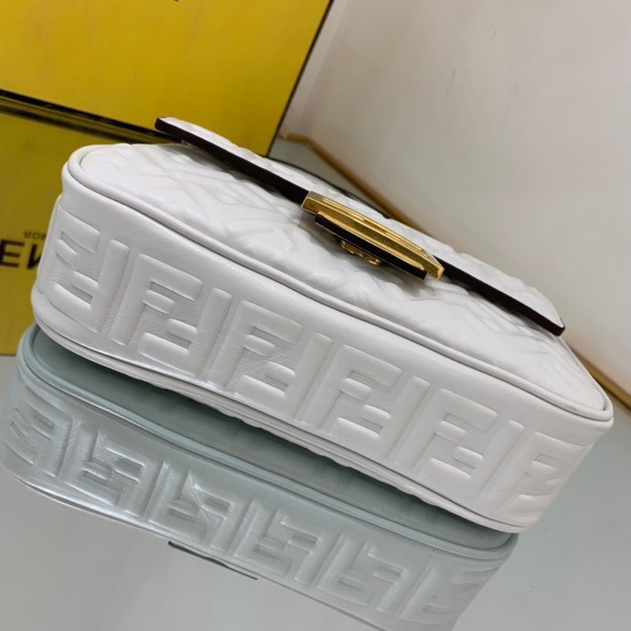 Fendi Baguette White Embossed FF Logo Leather Shoulder Bag with Gold Chain