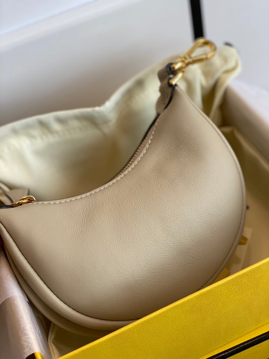 Chic Beige Leather Crescent Mini Hobo Bag - Designer Style Small Shoulder Purse