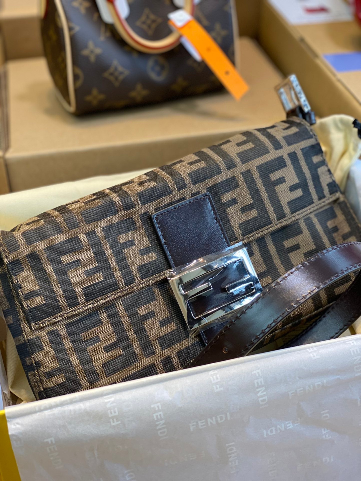 Fendi Zucca Canvas Baguette Shoulder Bag - Brown &amp; Silver