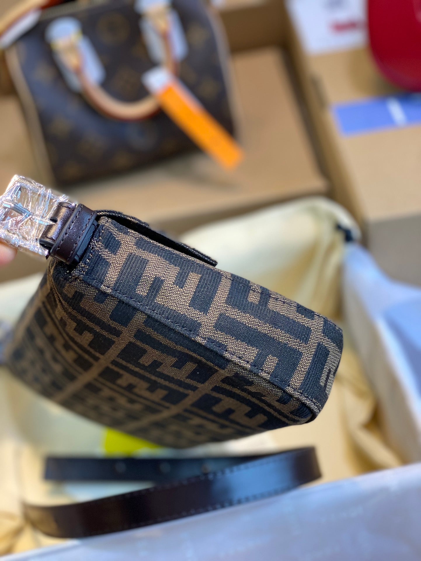 Fendi Zucca Canvas Baguette Shoulder Bag - Brown &amp; Silver