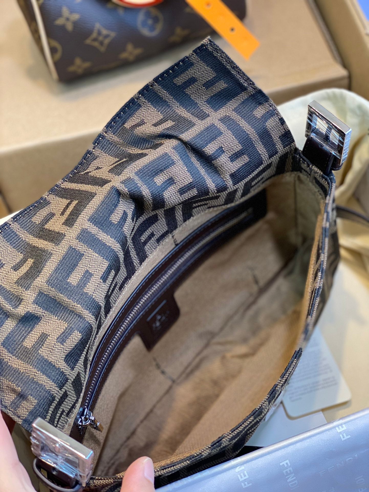 Fendi FF Monogram Canvas Baguette Shoulder Bag with Brown Leather Trim