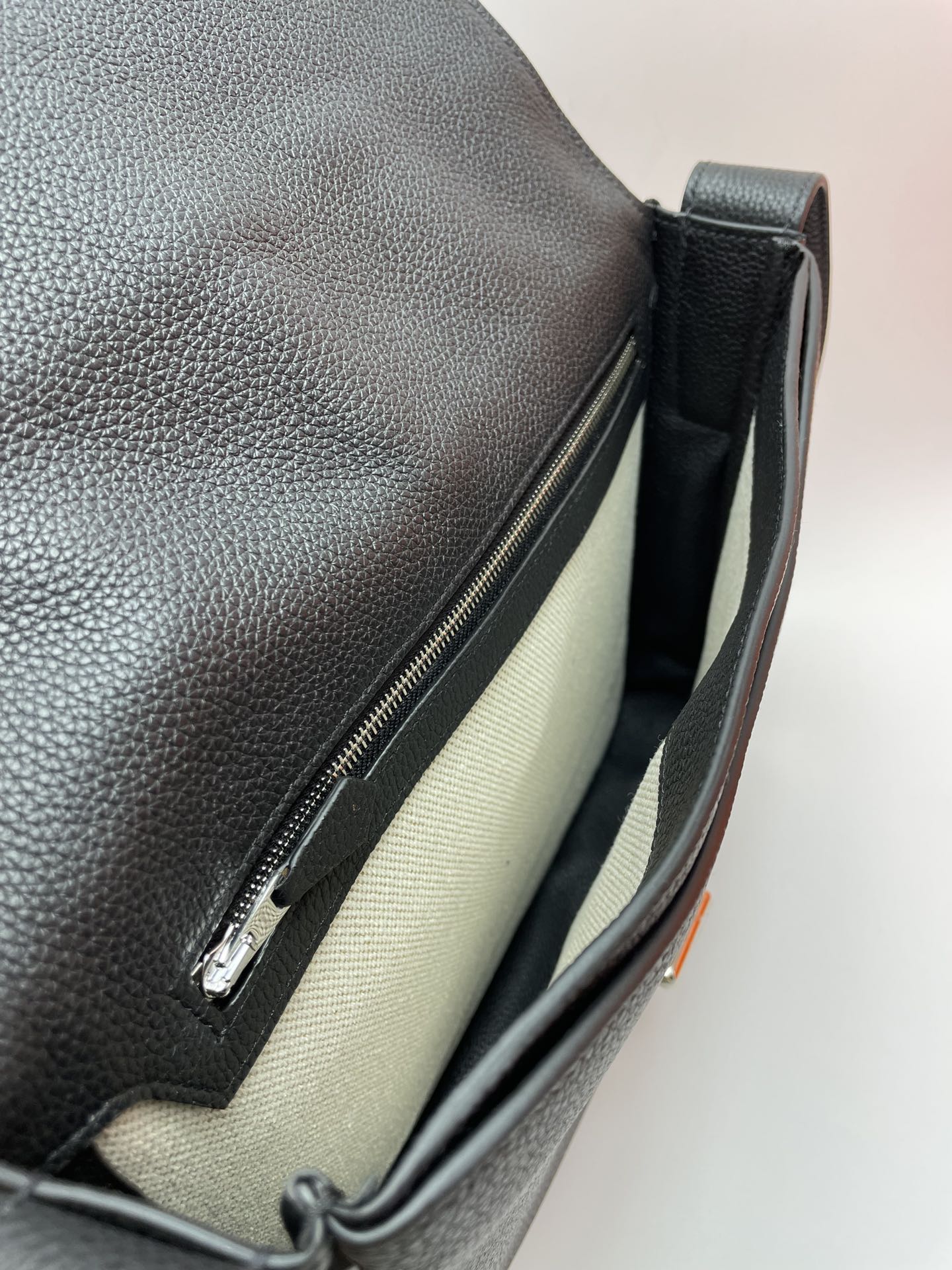 Black Pebbled Leather Messenger Bag with Adjustable Shoulder Strap