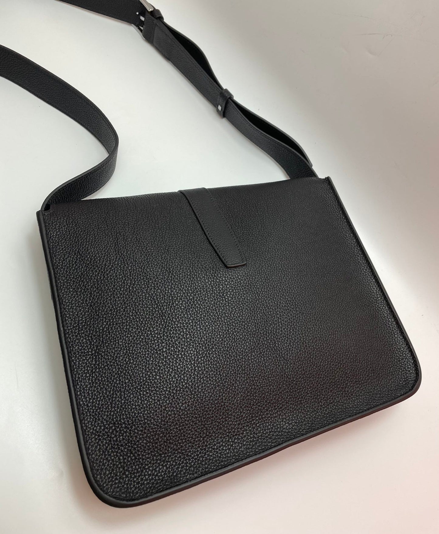 Black Pebbled Leather Messenger Bag with Adjustable Shoulder Strap