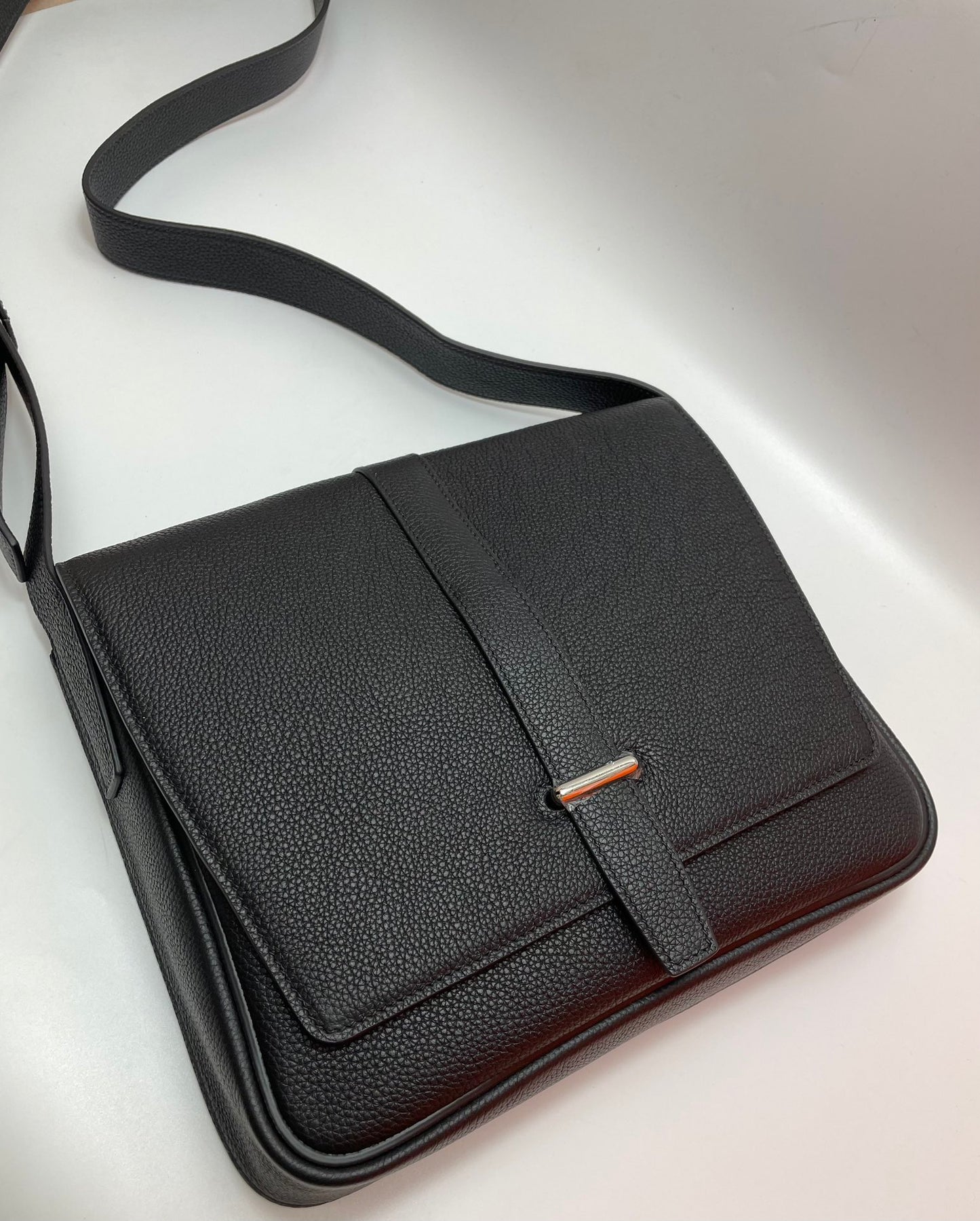 Black Pebbled Leather Messenger Bag with Adjustable Shoulder Strap