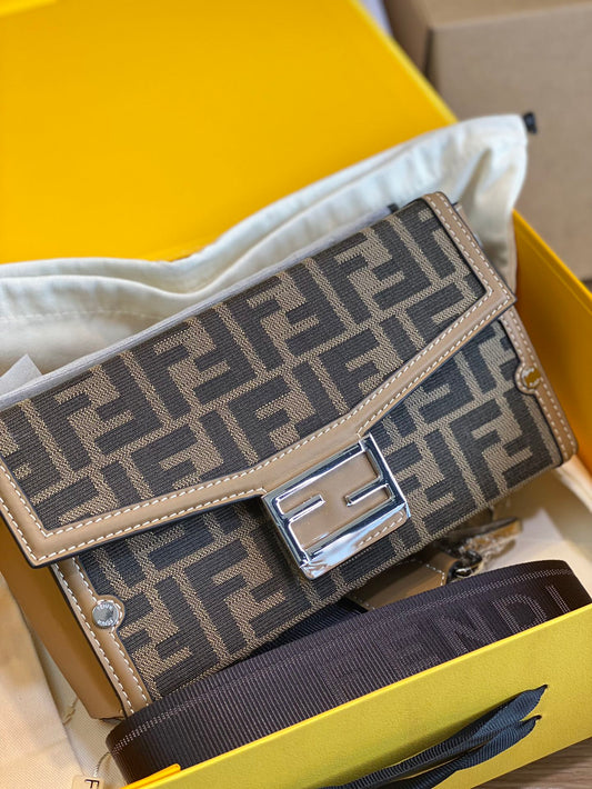 Fendi Monogram FF Envelope Shoulder Bag with Logo Strap - Brown/Tan