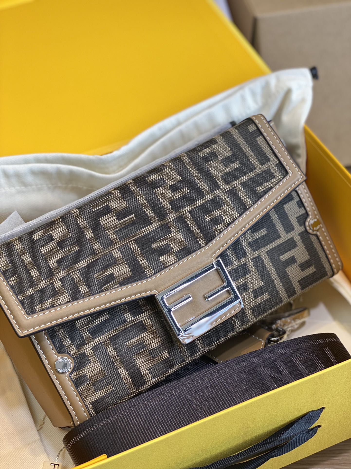 Fendi Baguette FF Monogram Fabric Shoulder Bag - Brown/Beige