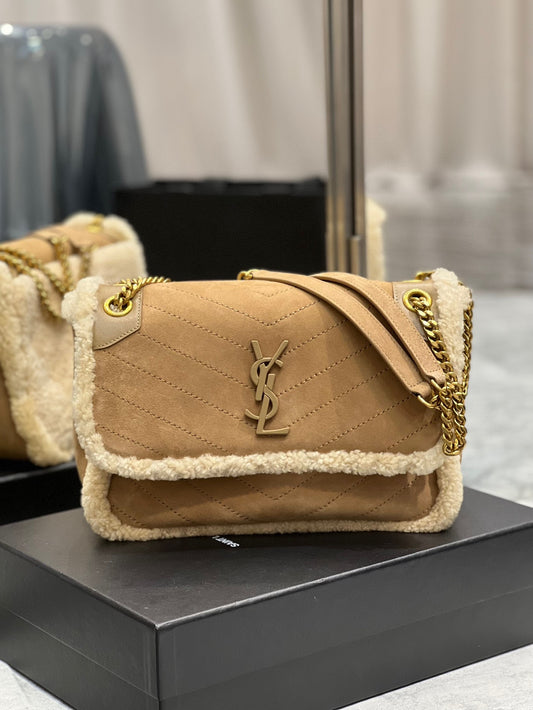Saint Laurent Niki Medium Shoulder Bag in Suede and Shearling - Tan