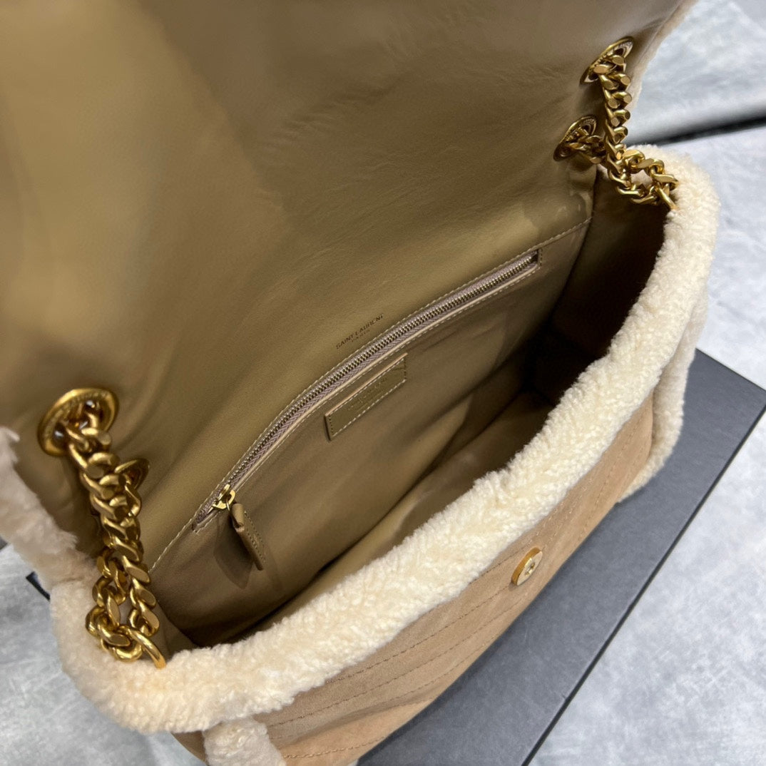 Saint Laurent Niki Medium Shoulder Bag in Suede and Shearling - Tan