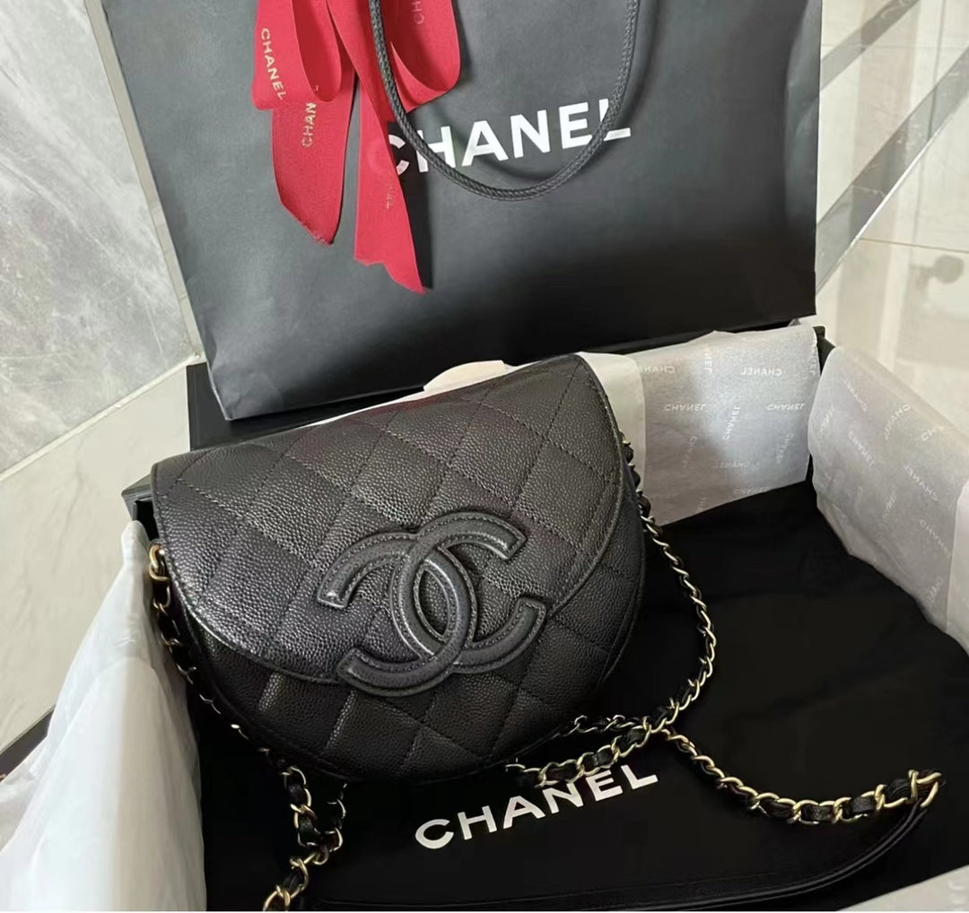 Chanel Quilted Lambskin Half Moon Flap Bag with Chain - Black
