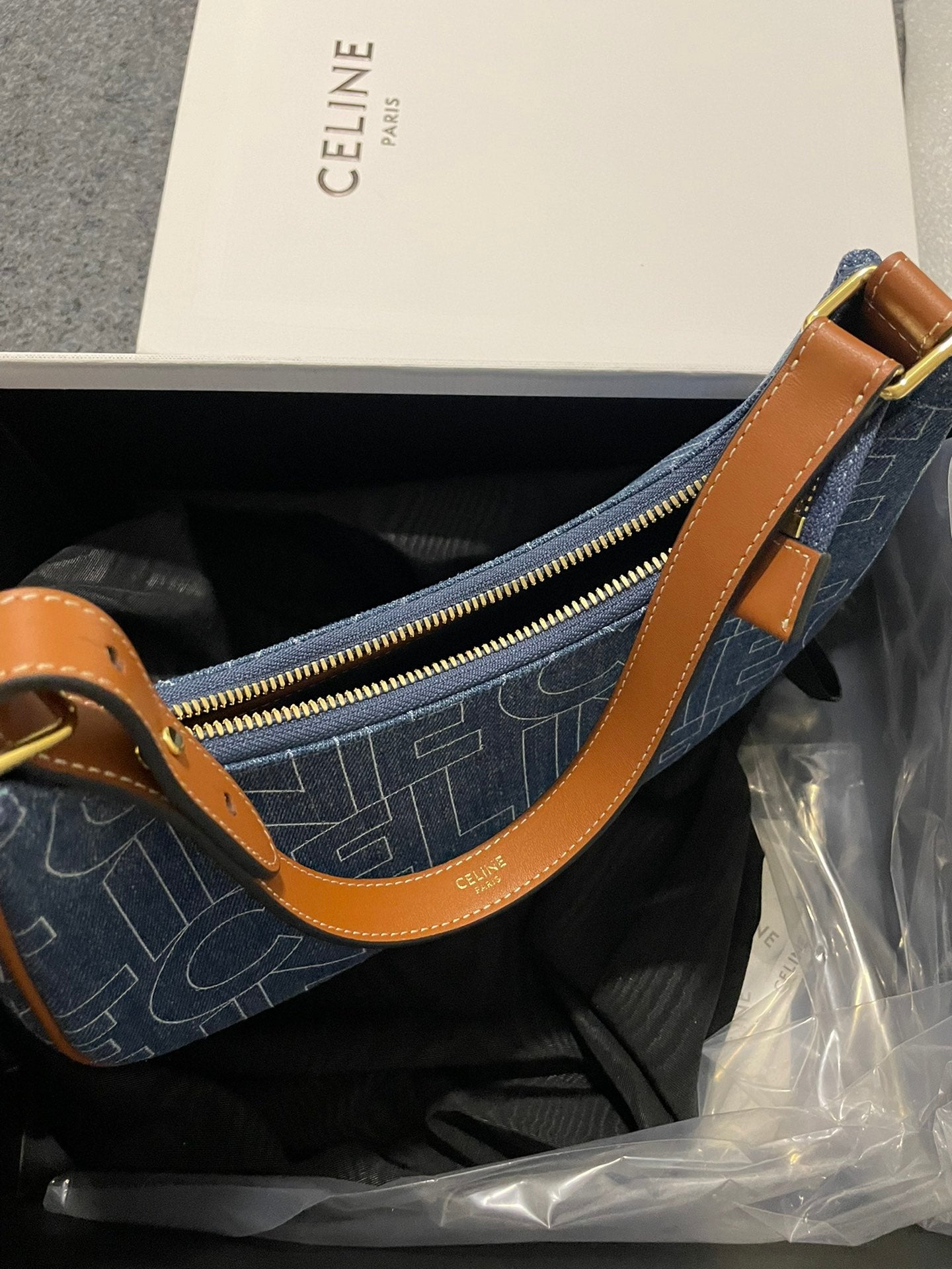 Celine Ava Bag in Denim with All-Over Logo Print - Blue