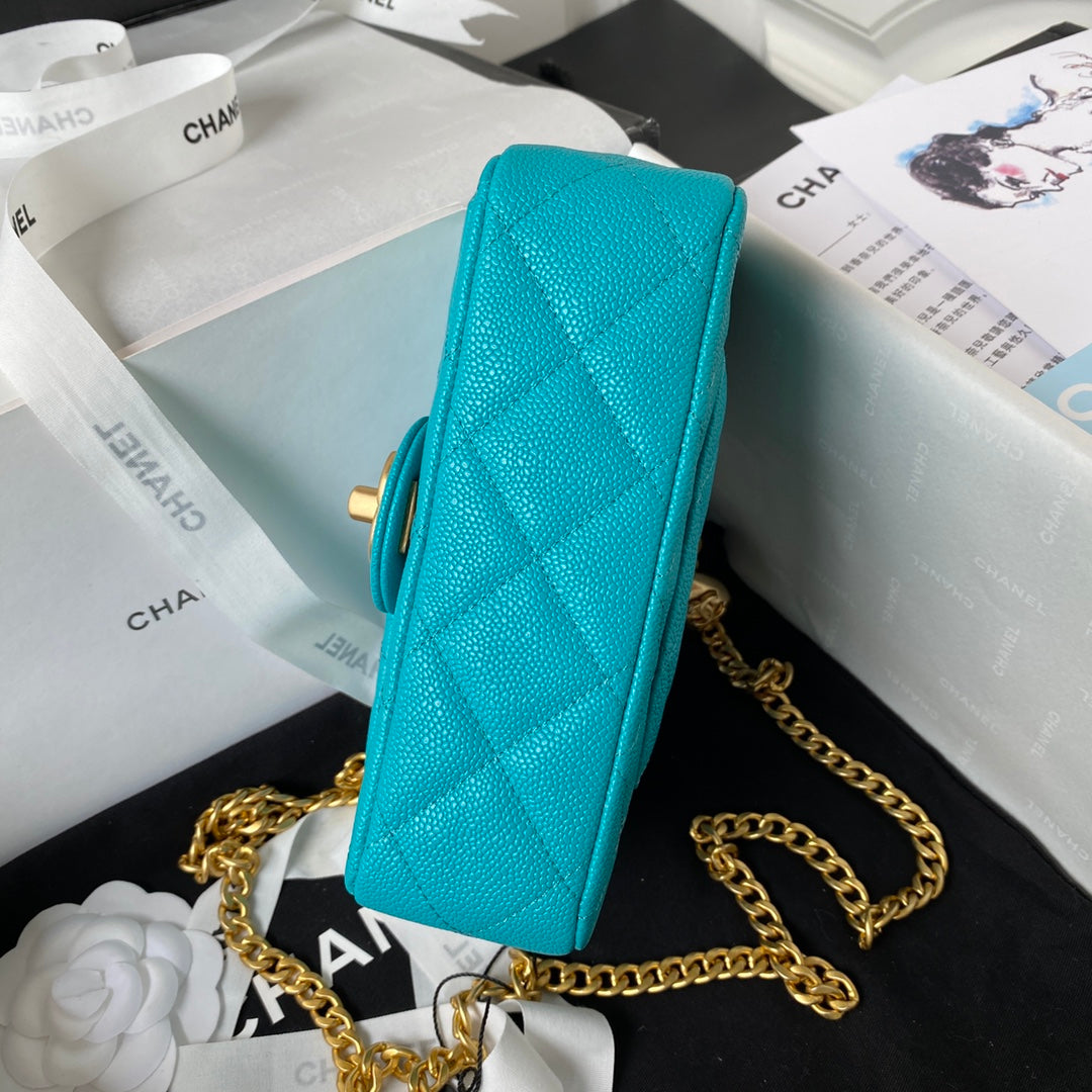 Chanel Teal Quilted Mini Flap Bag with Gold-Tone Heart Charm Chain