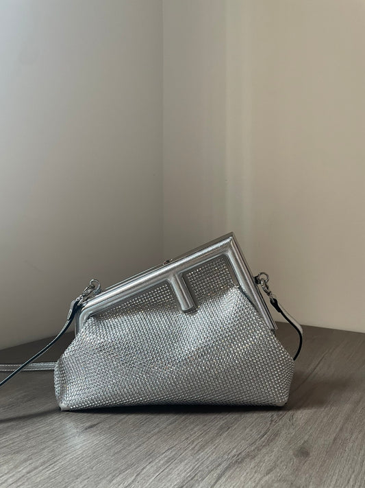 Fendi First Small Silver Metallic Leather Clutch &amp; Crossbody Bag