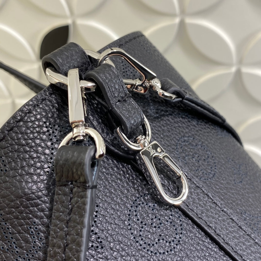 Louis Vuitton Elegant Dark Grey Embossed Leather Tote Handbag and Pouch Set