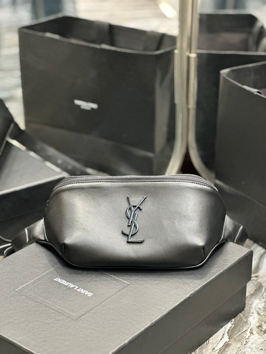 Saint Laurent Cassandre Belt Bag in Smooth Black Leather